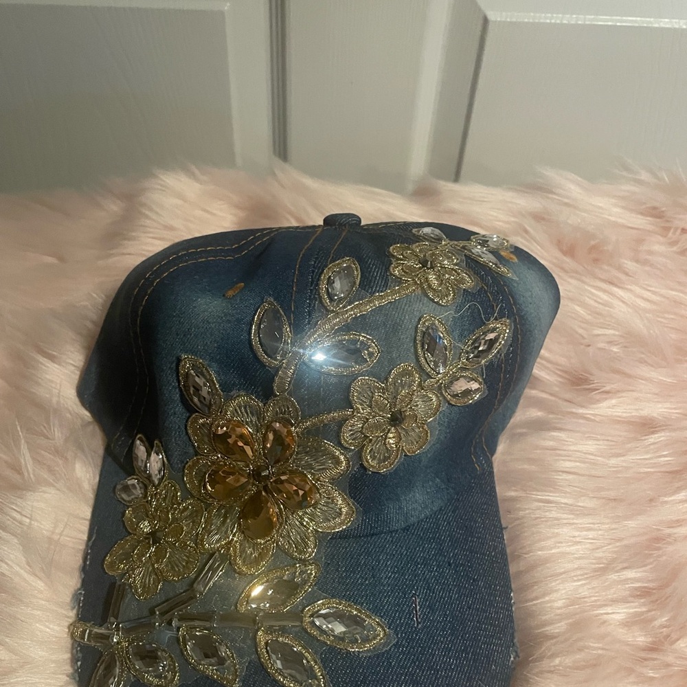 Embellished Denim Cap with Floral Design